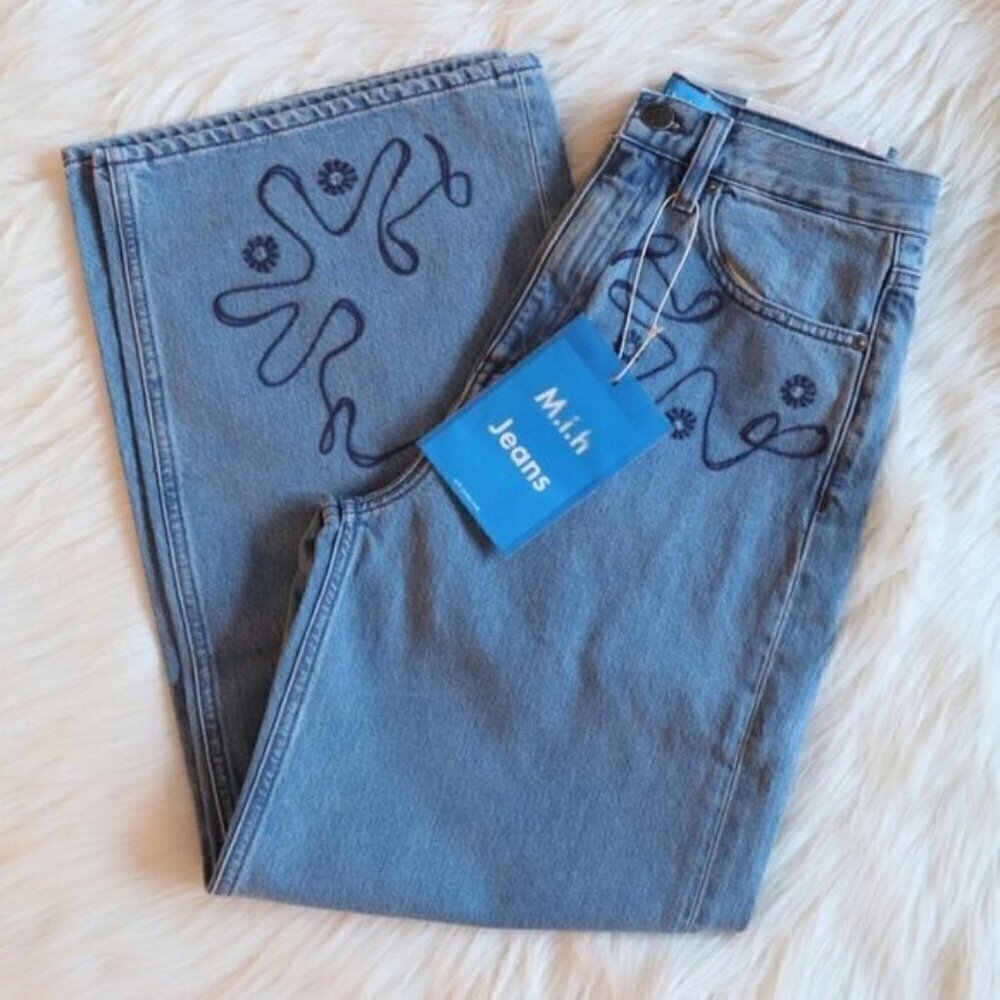 NWT Anthropologie M.i.H Embroidered Wide Leg Light Wash Cropped Jeans Size 24 - Picture 8 of 16